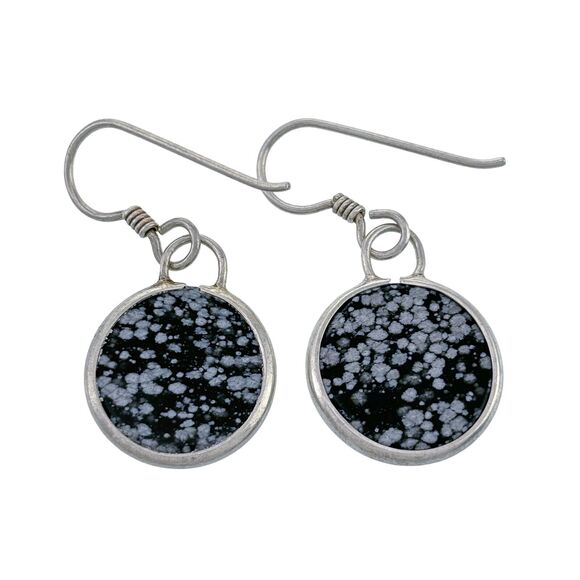 Vintage Sterling Silver 925 Black Snowflake Obsidian Disk Dangle Earrings - Picture 2 of 4
